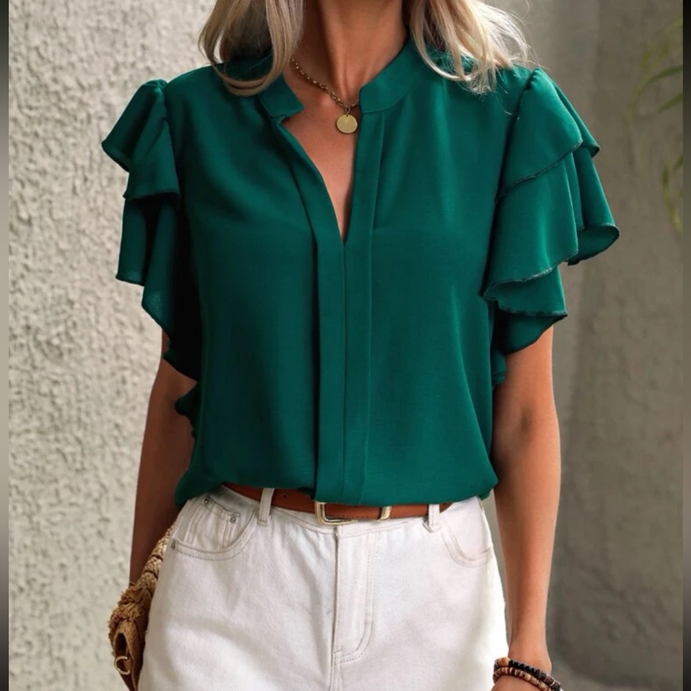 Classic Elegant Ruffle Fluttering Butterfly Sleeve Top Shirt Blouse - Picture 3 of 5